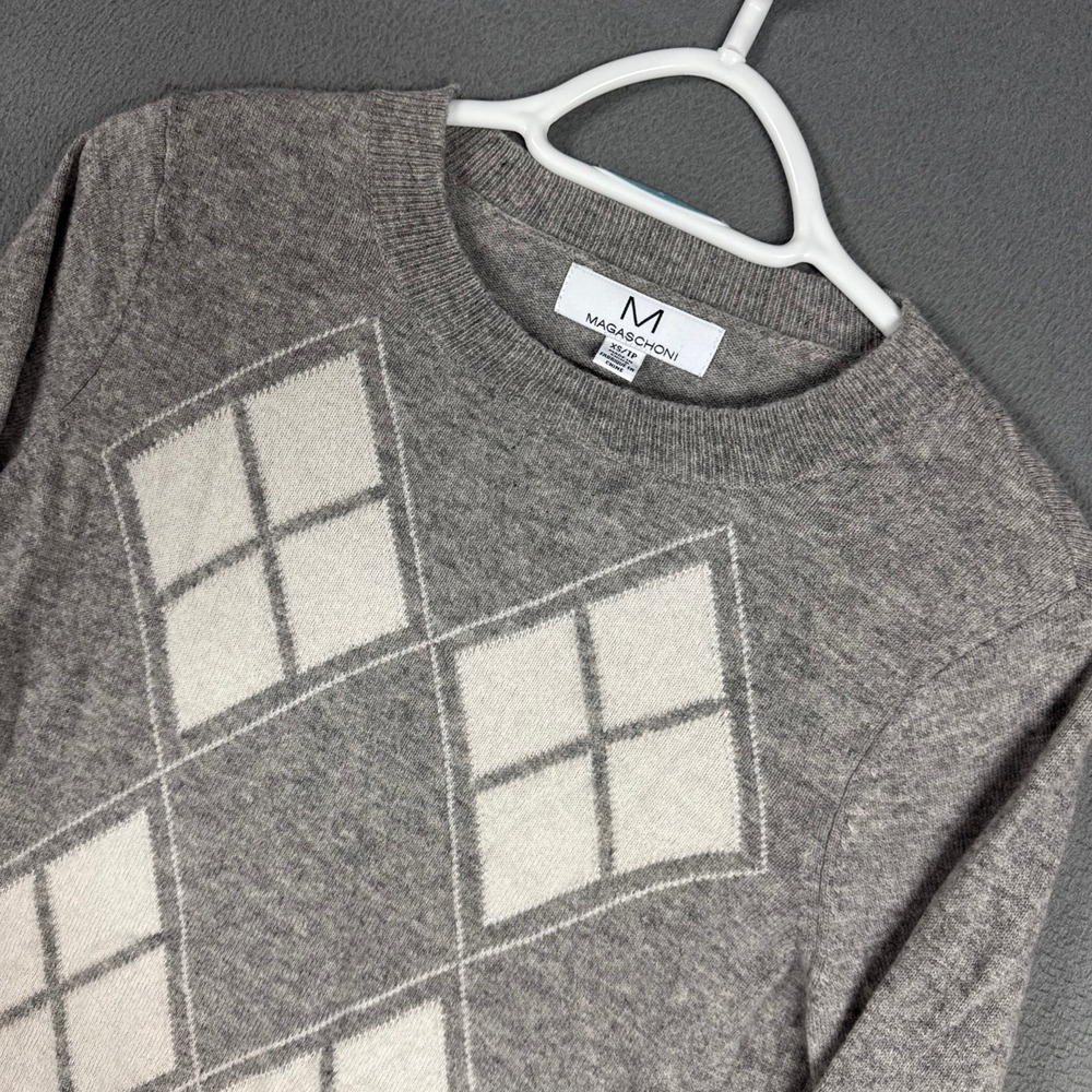 Magaschoni Sweater Womens XS Grey Argyle 100% Cashmere Crew Neck Long Sleeve